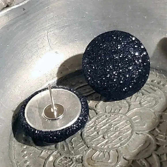 Retro 80s Club Glam Disco Sparkly Jet Black Fabric Button Earrings - Picture 6 of 8